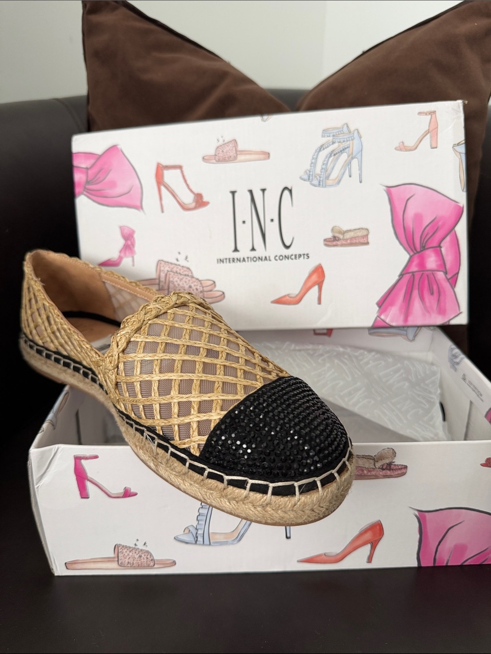 New INC International Concepts Tan Woven Espadrille Flats with Black Toe.